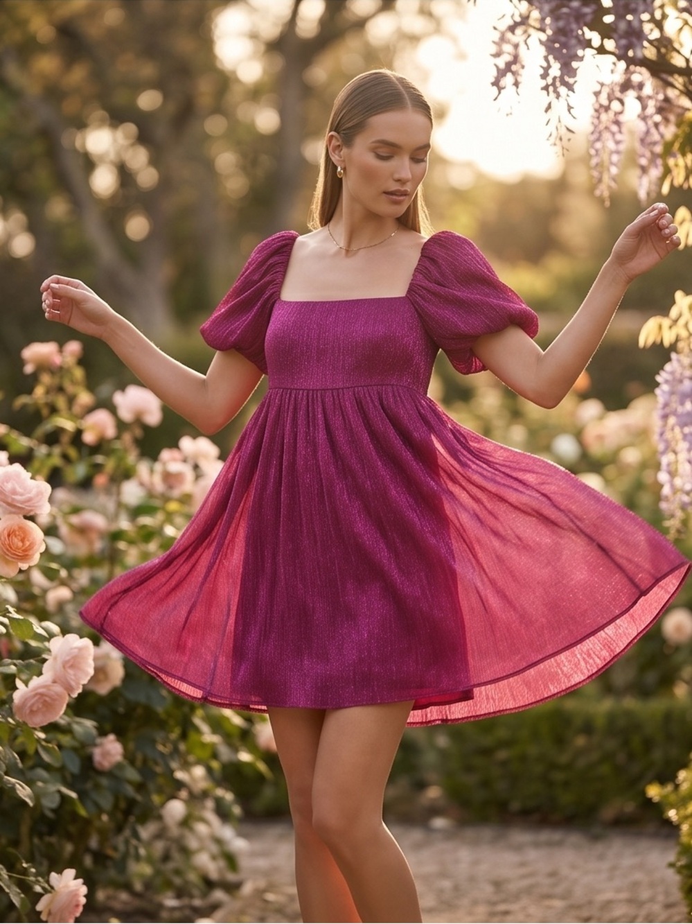 TCG Fuchsia Shimmer Puff Sleeve Babydoll Dress | Cottagecore Party Dress